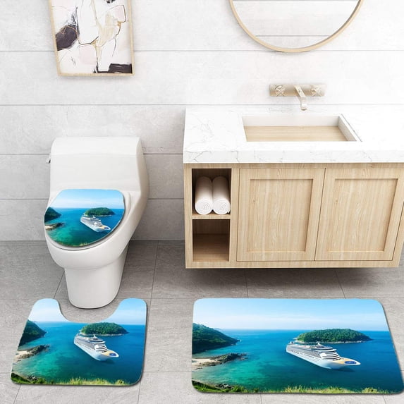 PUDMAD 3D Cruise Ship in Beautiful Ocean Blue Sky 3 Piece Bathroom Rugs Set Bath Rug Contour Mat and Toilet Lid Cover