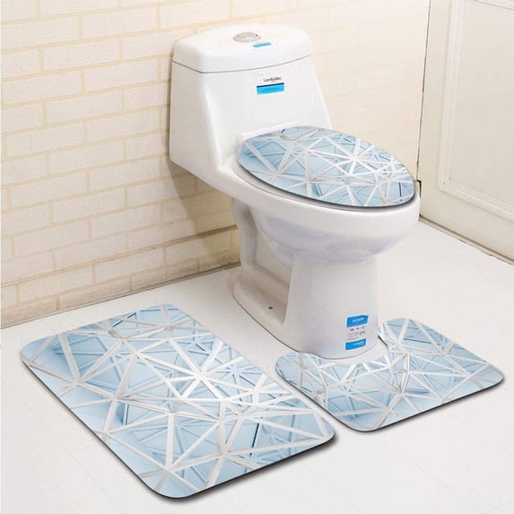 PUDMAD 3D Interior Chaotic 3D Wire Frame constructions 3 Piece Bathroom Rugs Set Bath Rug Contour Mat and Toilet Lid Cover
