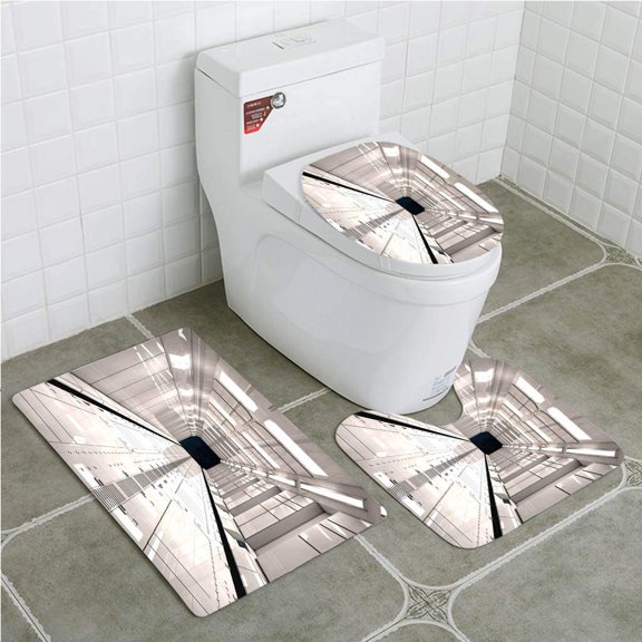 PUDMAD 3D Render Futuristic Interior for Movie or Background 3 Piece Bathroom Rugs Set Bath Rug Contour Mat and Toilet Lid Cover