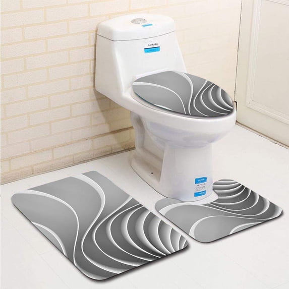 PUDMAD 3D Rendering Curved Abstract on 3 Piece Bathroom Rugs Set Bath Rug Contour Mat and Toilet Lid Cover