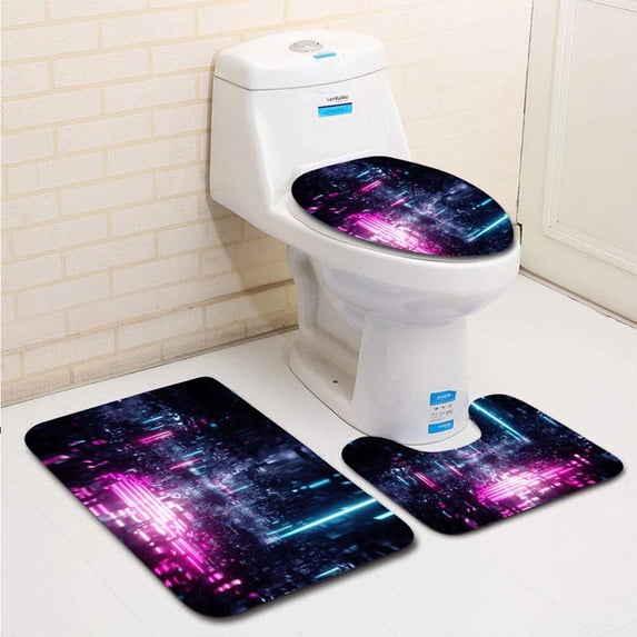PUDMAD 3d render abstract futuristic urban virtual reality cyber safety electronics network 3 Piece Bathroom Rugs Set Bath Rug Contour Mat and Toilet Lid Cover