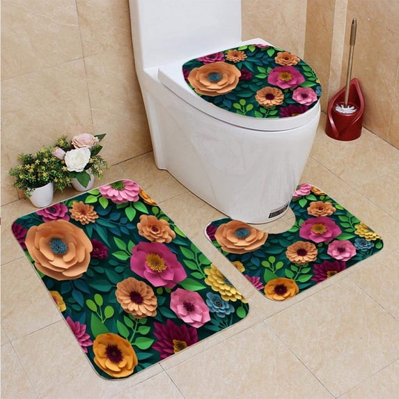 PUDMAD 3d render digital colorful paper flowers wallpaper spring summer 3 Piece Bathroom Rugs Set Bath Rug Contour Mat and Toilet Lid Cover