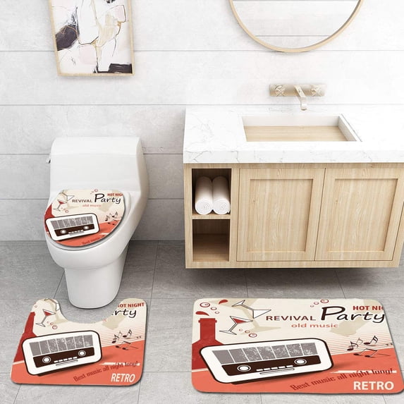 PUDMAD 70s Party Old Fashioned Party Poster Old Radio Cocktails Musical Notes Texts 3 Piece Bathroom Rugs Set Bath Rug Contour Mat and Toilet Lid Cover