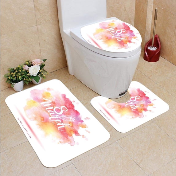 PUDMAD 8 March Watercolor Card 3 Piece Bathroom Rugs Set Bath Rug Contour Mat and Toilet Lid Cover