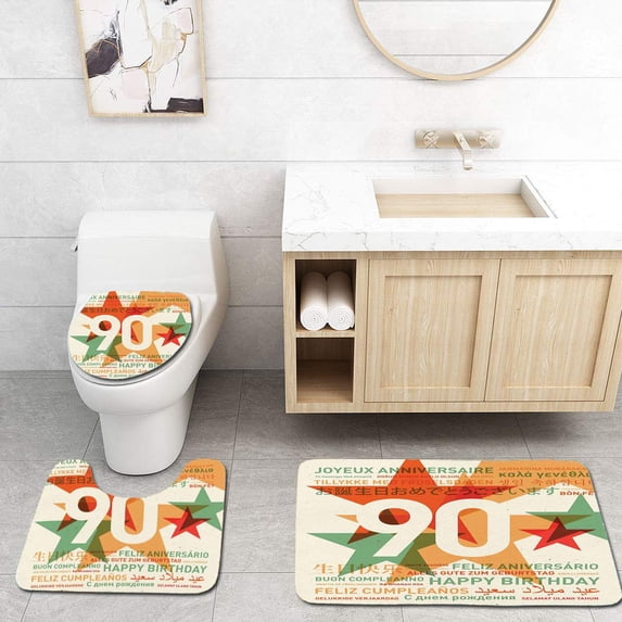 PUDMAD 90th Birthday Old Age Celebrations from World Languages Stars Vintage Style 3 Piece Bathroom Rugs Set Bath Rug Contour Mat and Toilet Lid Cover