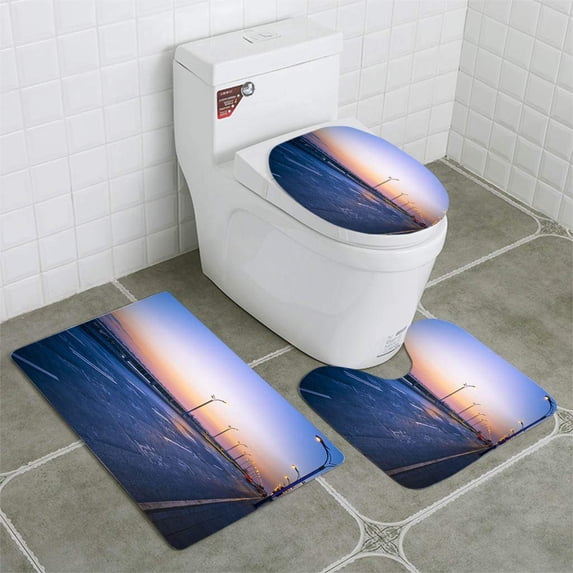 PUDMAD A Bridge at Night Lights on 3 Piece Bathroom Rugs Set Bath Rug Contour Mat and Toilet Lid Cover