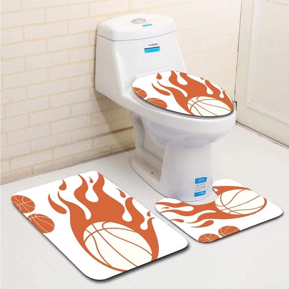 PUDMAD A Drawing a Basketball in Flames Two in 3 Piece Bathroom Rugs Set Bath Rug Contour Mat and Toilet Lid Cover