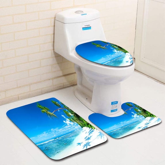 PUDMAD A Palm Tree Leaning Toward Ocean Tropical Beach 3 Piece Bathroom Rugs Set Bath Rug Contour Mat and Toilet Lid Cover