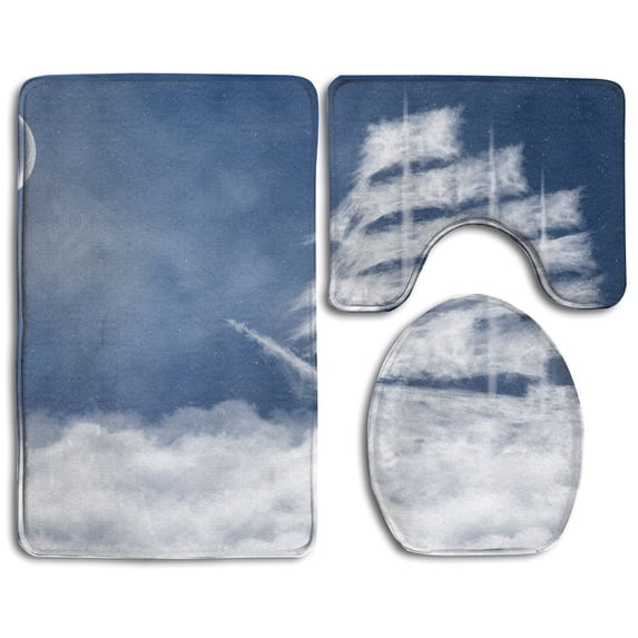 PUDMAD A Yacht Ocean Shaped Fluffy Clouds Atmospheric Imaginary Sky 3 Piece Bathroom Rugs Set Bath Rug Contour Mat and Toilet Lid Cover