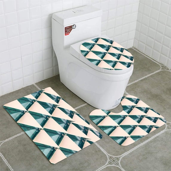 PUDMAD Abstract Architectural 3 Piece Bathroom Rugs Set Bath Rug Contour Mat and Toilet Lid Cover