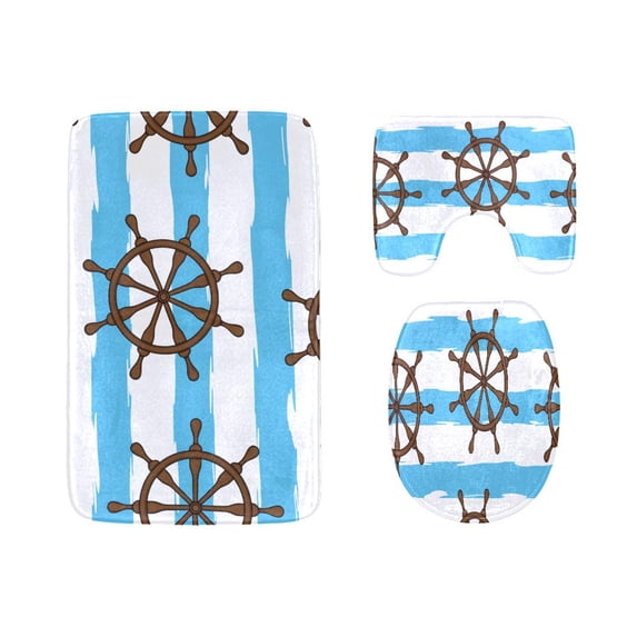 PUDMAD Abstract Blue-White Stripe Theory 3 Piece Bathroom Rugs Set Bath Rug Contour Mat and Toilet Lid Cover