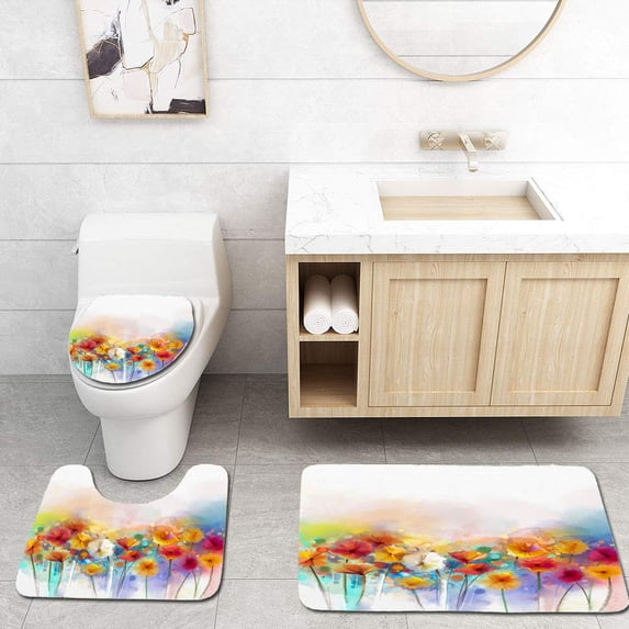 PUDMAD Abstract Daisy Gerbera Flowers Watercolor Painting 3 Piece Bathroom Rugs Set Bath Rug Contour Mat and Toilet Lid Cover