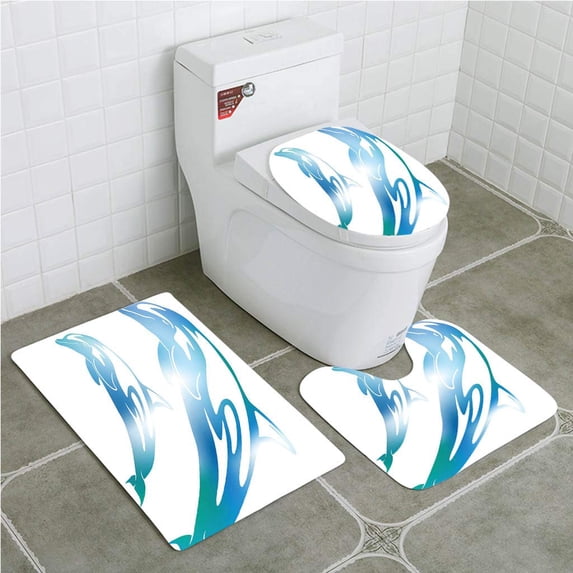 PUDMAD Abstract Dolphin Blur 3 Piece Bathroom Rugs Set Bath Rug Contour Mat and Toilet Lid Cover