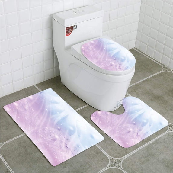 PUDMAD Abstract Environment Inspired Floral in Blue Pink Backdrop Natural Flowers 3 Piece Bathroom Rugs Set Bath Rug Contour Mat and Toilet Lid Cover