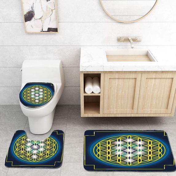 PUDMAD Abstract Flower Life in Internal Spirals Vibrant Spots Belief Tradition 3 Piece Bathroom Rugs Set Bath Rug Contour Mat and Toilet Lid Cover
