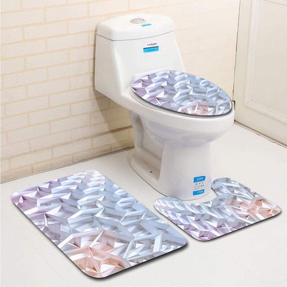 PUDMAD Abstract Geometric 3D Shapes 3 Piece Bathroom Rugs Set Bath Rug Contour Mat and Toilet Lid Cover