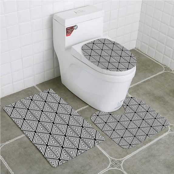 PUDMAD Abstract Geometric Inner Triangles Minimalist Western Expressionism Style Boho 3 Piece Bathroom Rugs Set Bath Rug Contour Mat and Toilet Lid Cover