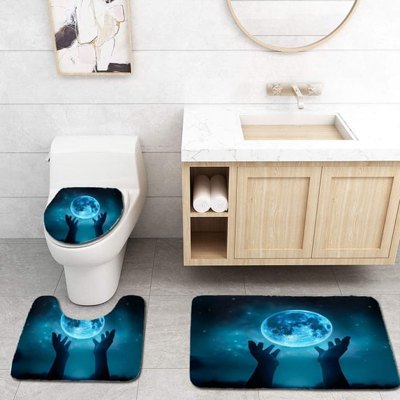 PUDMAD Abstract Hands While Praying at Blue Full Moon Stars 3 Piece Bathroom Rugs Set Bath Rug Contour Mat and Toilet Lid Cover