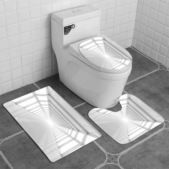 PUDMAD Abstract Modern Architecture Background Empty White Open Space Interior 3D Rendering 3 Piece Bathroom Rugs Set Bath Rug Contour Mat and Toilet Lid Cover