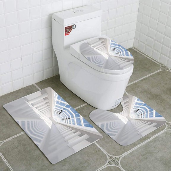 PUDMAD Abstract Modern Architecture Background Empty White Open Space Interior 3D Rendering 3 Piece Bathroom Rugs Set Bath Rug Contour Mat and Toilet Lid Cover