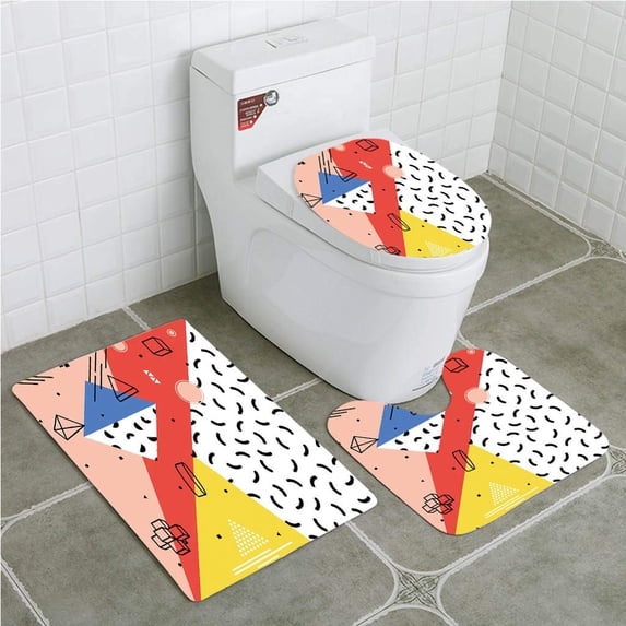 PUDMAD Abstract Modern Geometric Trippy Figures Triangles Cubes Circles Rollers Dots Artful 3 Piece Bathroom Rugs Set Bath Rug Contour Mat and Toilet Lid Cover