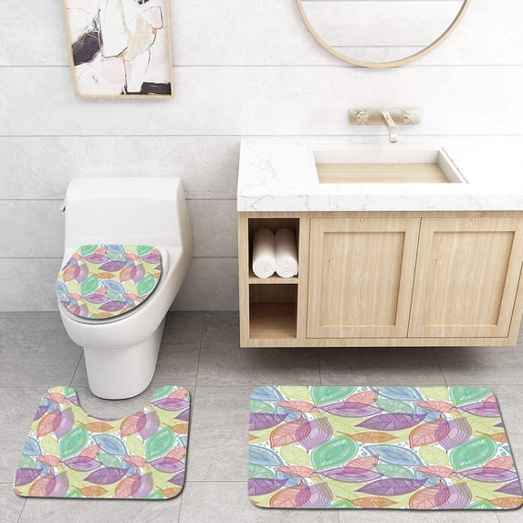 PUDMAD Abstract Ornate Patterned Leaves Environmental Floral Nature Theme Water Drops Drawing 3 Piece Bathroom Rugs Set Bath Rug Contour Mat and Toilet Lid Cover
