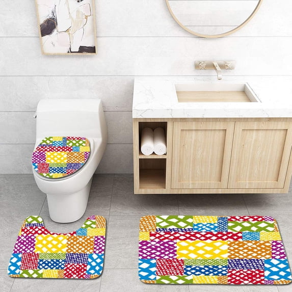 PUDMAD Abstract Patchwork Stylized Vivid Geometric Formless Figures Stripes Fun Comic 3 Piece Bathroom Rugs Set Bath Rug Contour Mat and Toilet Lid Cover
