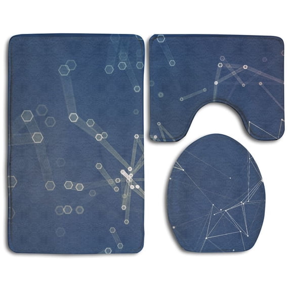 PUDMAD Abstract Polygonal Space Low Poly Dark Connecting Dots Lines Connection 3 Piece Bathroom Rugs Set Bath Rug Contour Mat and Toilet Lid Cover