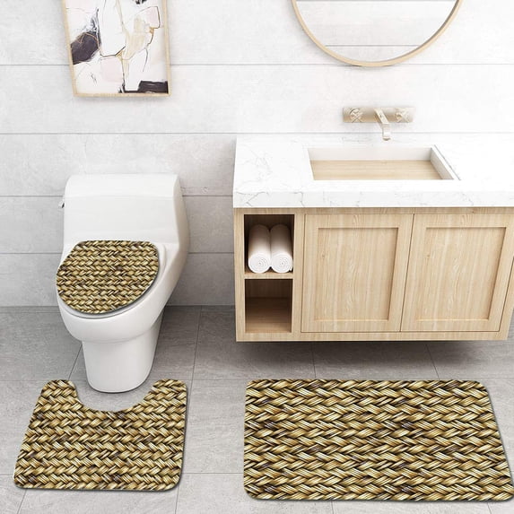 PUDMAD Abstract Rattan Basket Weave Natural Boho Country Style Geometric Monochrome Art 3 Piece Bathroom Rugs Set Bath Rug Contour Mat and Toilet Lid Cover