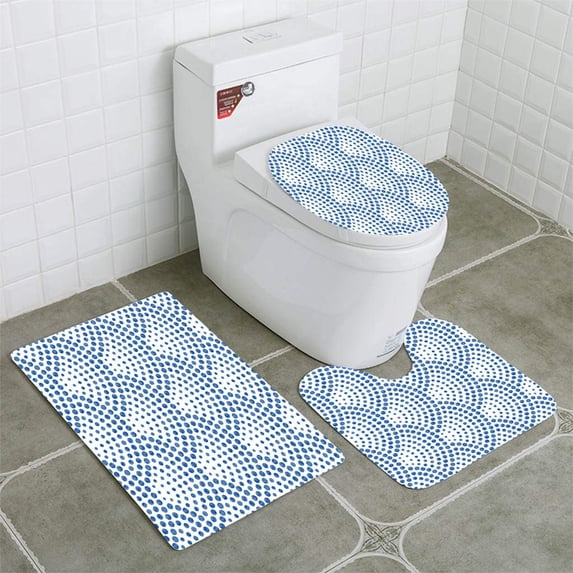 PUDMAD Abstract Seamless Wavy Geometrical Fish Scale Layout Watercolor Blue 3 Piece Bathroom Rugs Set Bath Rug Contour Mat and Toilet Lid Cover
