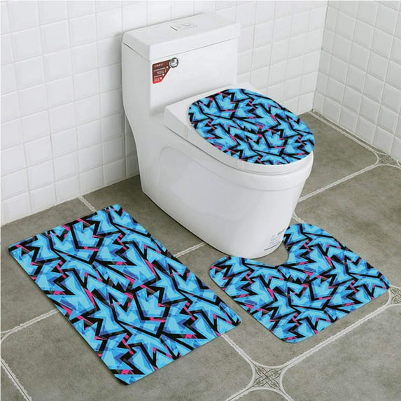 PUDMAD Abstract Trippy Neon Figures in Contrast Grunge Digital Effects 3 Piece Bathroom Rugs Set Bath Rug Contour Mat and Toilet Lid Cover