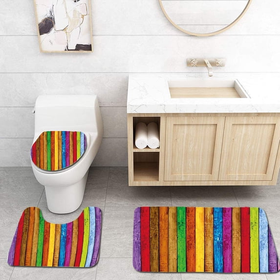 PUDMAD Abstract Vibrant Painted Wood Vertical Planks as Cheerful Artistic Rainbow 3 Piece Bathroom Rugs Set Bath Rug Contour Mat and Toilet Lid Cover