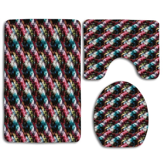 PUDMAD Abstract Vibrant Rectangles Traditional Polka Dots Surrealism Inspired Geometric 3 Piece Bathroom Rugs Set Bath Rug Contour Mat and Toilet Lid Cover