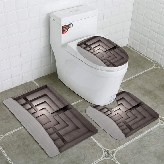 PUDMAD Abstract Wall Interior Architecture 3 Piece Bathroom Rugs Set Bath Rug Contour Mat and Toilet Lid Cover