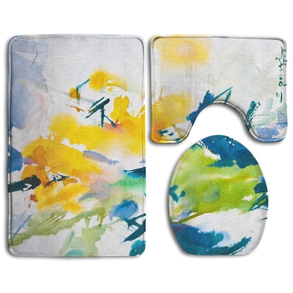 PUDMAD Abstract Water Color 3 Piece Bathroom Rugs Set Bath Rug Contour Mat and Toilet Lid Cover