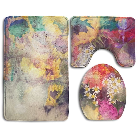 PUDMAD Abstract Watercolor Painting Combined Field Sunflower Flowers Paper Texture Floral 3 Piece Bathroom Rugs Set Bath Rug Contour Mat and Toilet Lid Cover