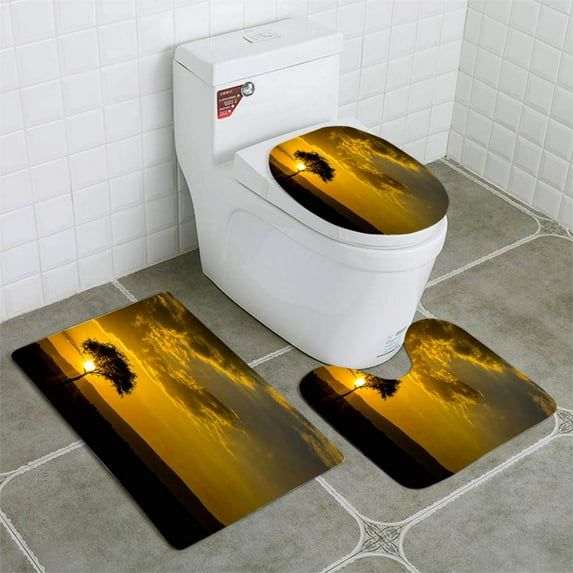 PUDMAD Acacia Tree at Sunrise 3 Piece Bathroom Rugs Set Bath Rug Contour Mat and Toilet Lid Cover