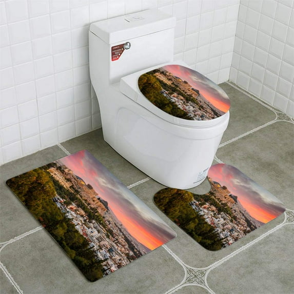PUDMAD Acropolis in Athens 3 Piece Bathroom Rugs Set Bath Rug Contour Mat and Toilet Lid Cover