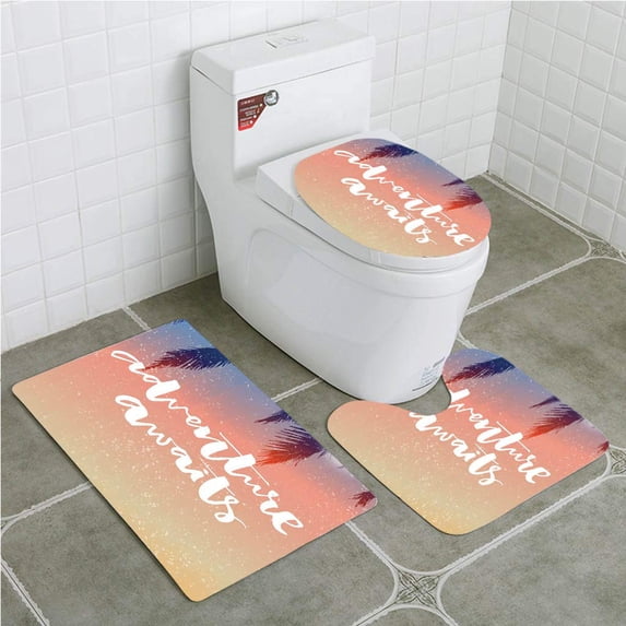 PUDMAD Adventure Artistic Interpretation Motivational s Adventure Awaits Message 3 Piece Bathroom Rugs Set Bath Rug Contour Mat and Toilet Lid Cover