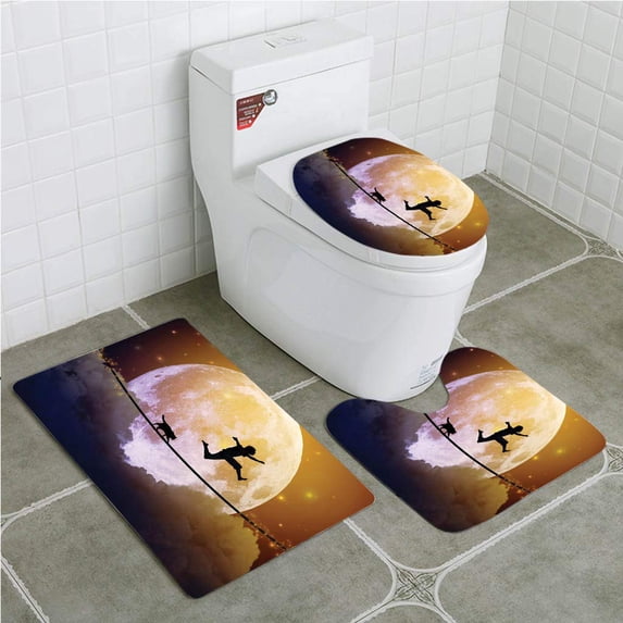 PUDMAD Adventure Boy and a Cat Walking on a Rope in Front Full Moon Fantastic 3 Piece Bathroom Rugs Set Bath Rug Contour Mat and Toilet Lid Cover