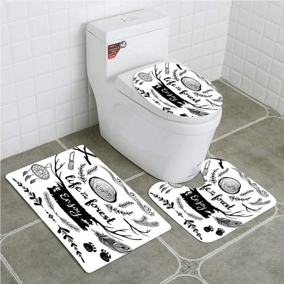 PUDMAD Adventure Life in Forest Theme Boho Details Antlers Tree Branches and Feathers 3 Piece Bathroom Rugs Set Bath Rug Contour Mat and Toilet Lid Cover