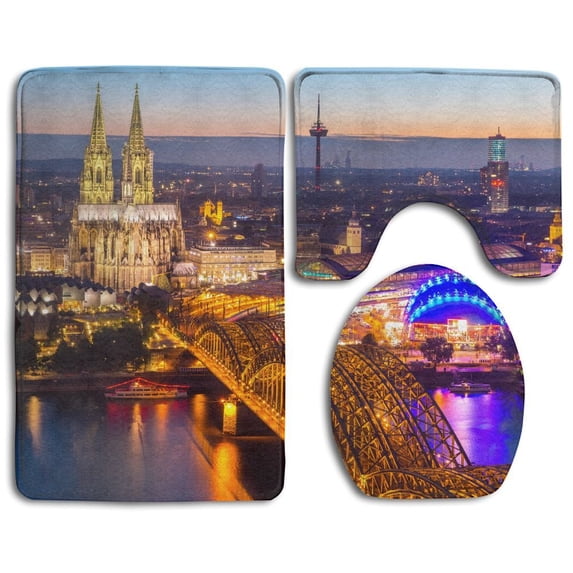 PUDMAD Aerial Cologne Cathedral Hohenzollern Bridge Cologne Germany 3 Piece Bathroom Rugs Set Bath Rug Contour Mat and Toilet Lid Cover