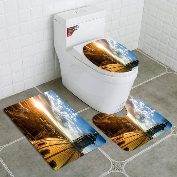 PUDMAD Aerial Drone Sunset Photo Colorado Capital Building City Denver 3 Piece Bathroom Rugs Set Bath Rug Contour Mat and Toilet Lid Cover