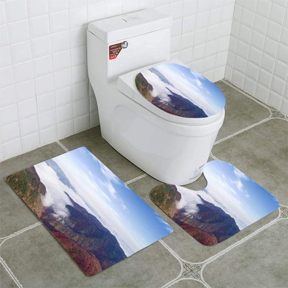 PUDMAD Aerial Shot Misty Mountains 3 Piece Bathroom Rugs Set Bath Rug Contour Mat and Toilet Lid Cover