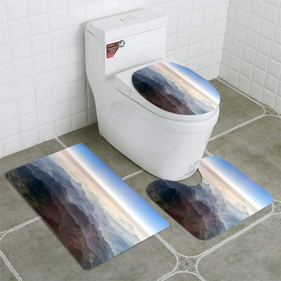 PUDMAD Aerial View Mountains in Clouds 3 Piece Bathroom Rugs Set Bath Rug Contour Mat and Toilet Lid Cover