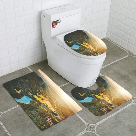 PUDMAD Aerial View Wild Ain River Valley at Sunset in Summer Season 3 Piece Bathroom Rugs Set Bath Rug Contour Mat and Toilet Lid Cover