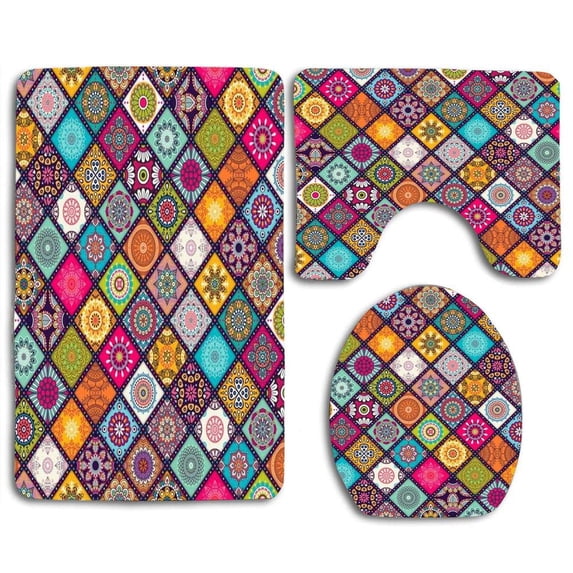 PUDMAD Aesthetic Colorful 3 Piece Bathroom Rugs Set Bath Rug Contour Mat and Toilet Lid Cover