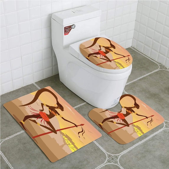 PUDMAD Afro Savannah Lady Like Amazon Girl Standing for Hunt Safari Style Retro Folk 3 Piece Bathroom Rugs Set Bath Rug Contour Mat and Toilet Lid Cover