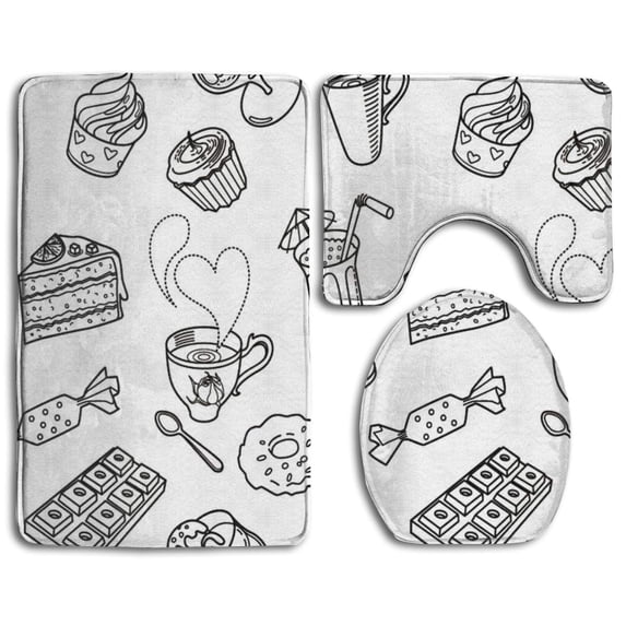 PUDMAD Afternoon Tea 3 Piece Bathroom Rugs Set Bath Rug Contour Mat and Toilet Lid Cover