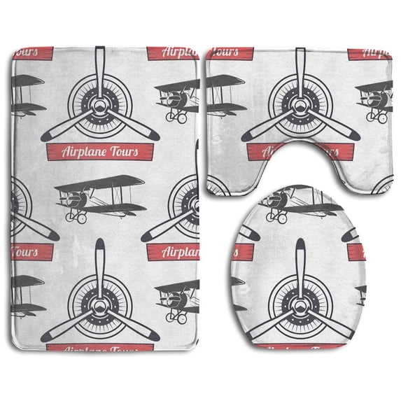 PUDMAD Airplane Tours Propeller 3 Piece Bathroom Rugs Set Bath Rug Contour Mat and Toilet Lid Cover